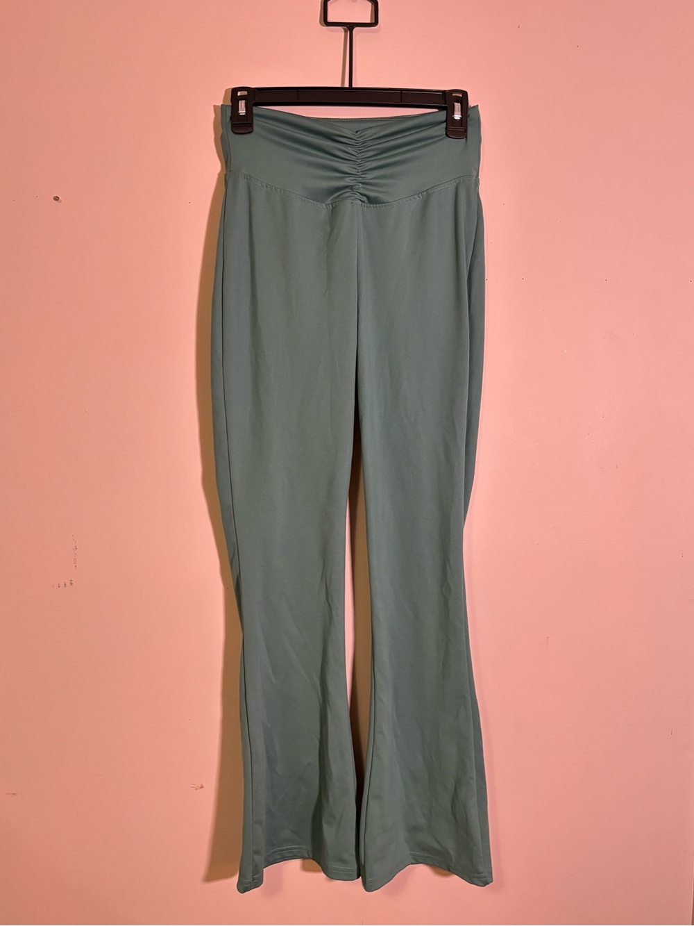 Sage Green Flare Yoga Pants Small Ruched Waist Stretch Athleisure